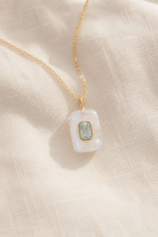 Wisdom & Authentic Voice Centered Necklace | Moonstone and Aquamarine Crystal Necklace