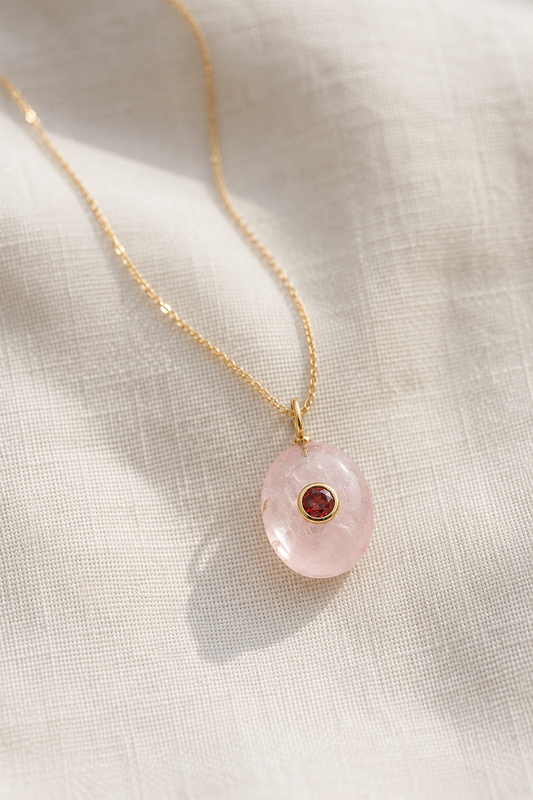 Love & Courage Centered Necklace | Rose Quartz and Garnet Crystal Necklace